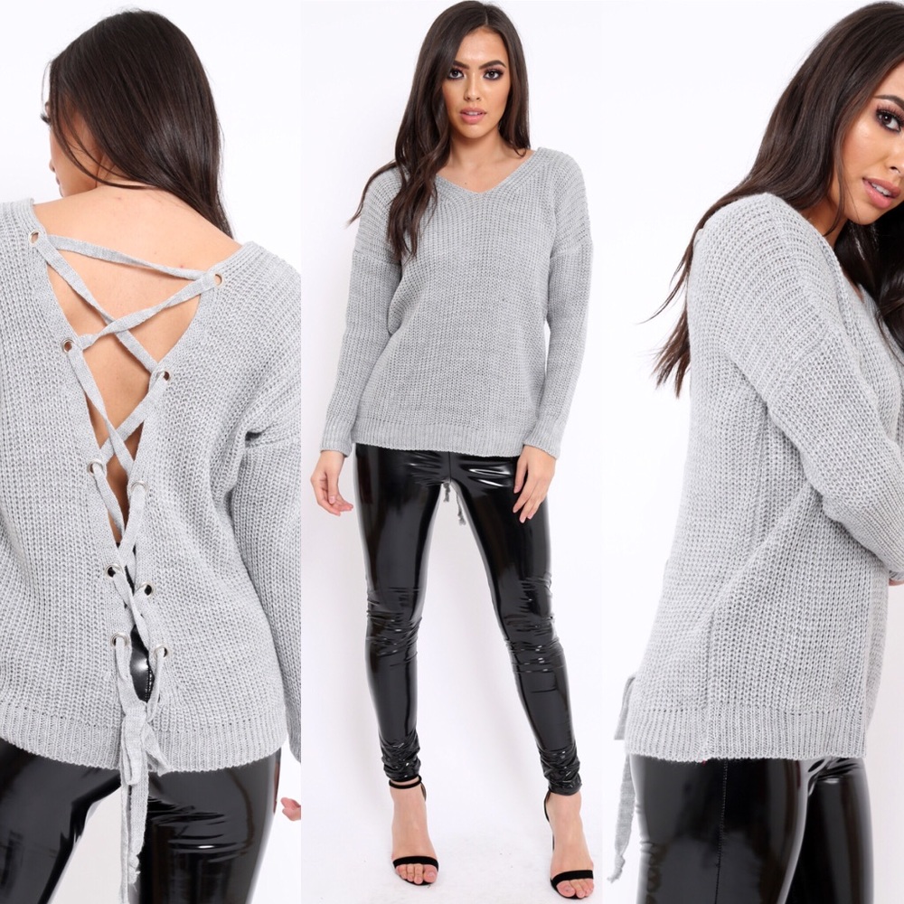 Gray lace-up sweater